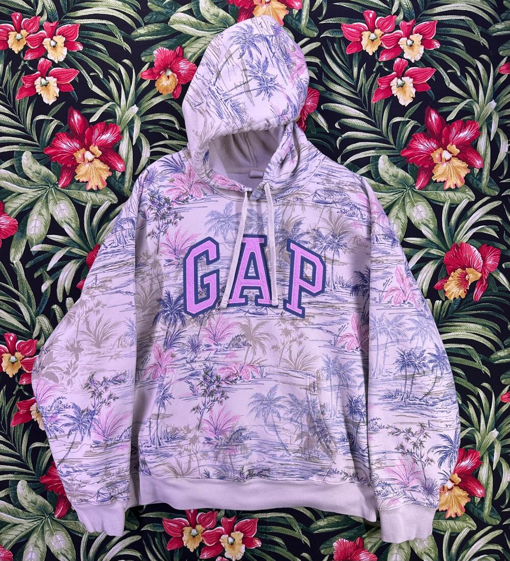 Gap Heritage Pink and Beige Hoodie Hawaiian Palms Tree SZ XL